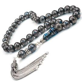 Yoğun Gümüş Kakma Özel Yapım Ateş Kehribar Tesbih - 1