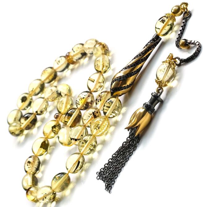 Zirkon İmamesiyle Fosilli Damla Kehribar Tesbih - Tesbihcibaba