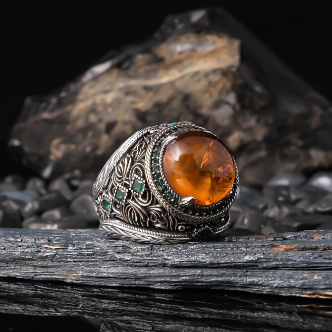 Zircon Engraving Special Craftsmanship Drop Amber 925 K Silver Ring
