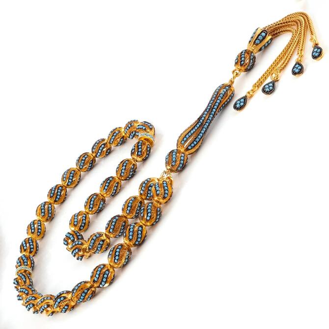 Zirkon Tasarım Gold Firuze Gümüş Tesbih - Tesbihcibaba