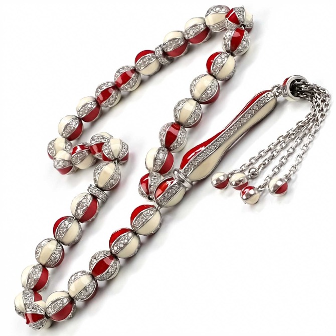 Zirkon Tasarım Mine İşleme Gümüş Tesbih - Tesbihcibaba