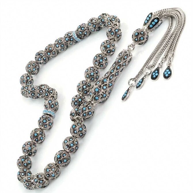 Zirkon Taşlı Özel Tasarım 925 Ayar Gümüş Tesbih - Tesbihcibaba