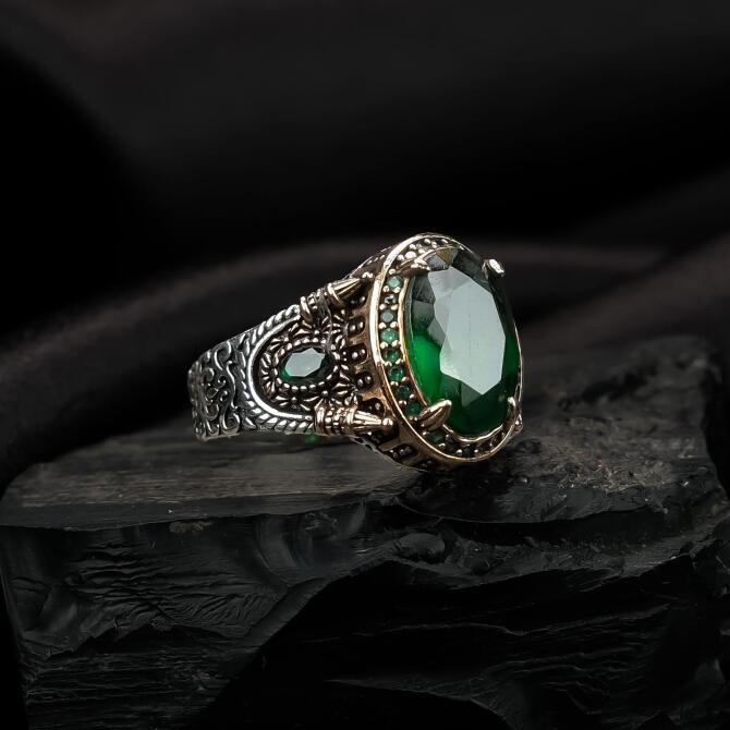 Zirkon Yeşili İşlemeli Kasa Gümüş Yüzük - Tesbihcibaba