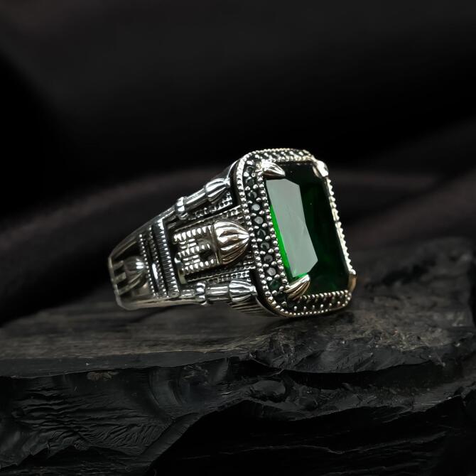 Zirkon Yeşili Kubbe İşleme Gümüş Yüzük - Tesbihcibaba